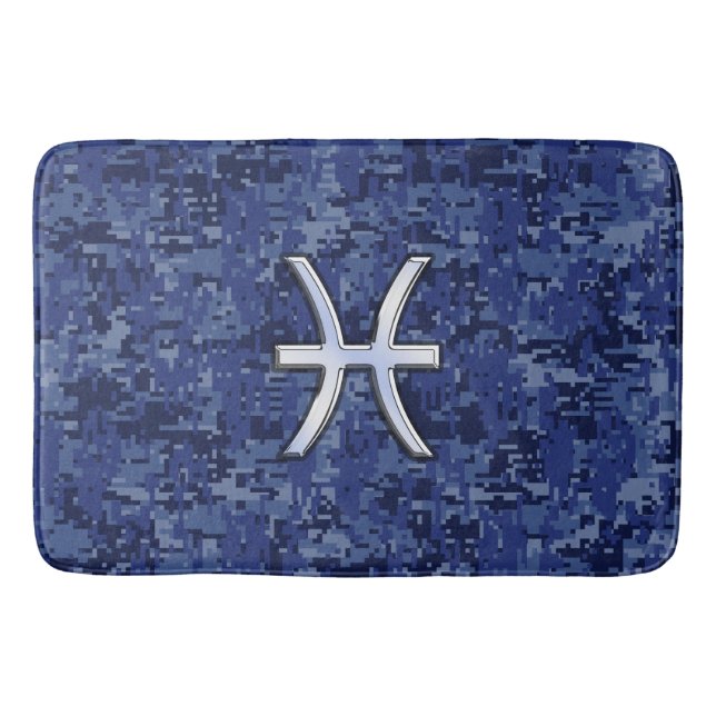 Silver Pisces Zodiac Symbol Navy Blue Digital Camo Bath Mat (Front)