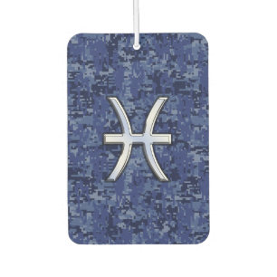 Silver Pisces Zodiac Symbol Navy Blue Digital Camo Car Air Freshener