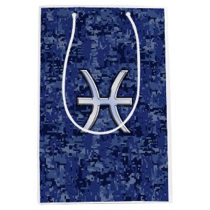 Silver Pisces Zodiac Symbol Navy Blue Digital Camo Medium Gift Bag