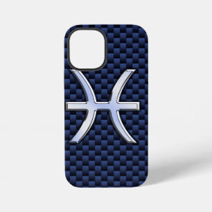 Silver Pisces Zodiac Symbol on Blue Carbon iPhone 12 Mini Case