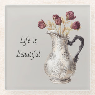 Silver Pitcher Vase Red Rose Flowers Glass Coaster