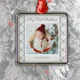 Silver Plaid Baby First Christmas Photo Ornament