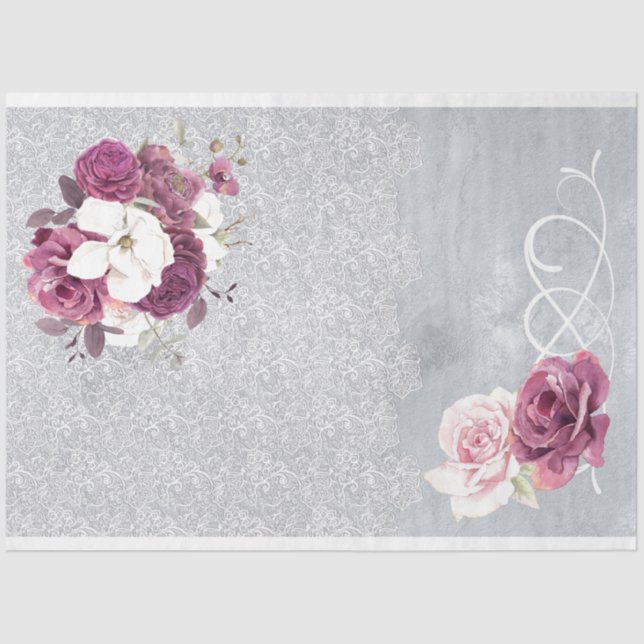 Silver & Plum Floral Lace Tissue Paper (Front)