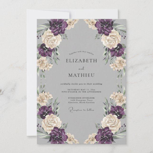 Silver Plum Ranunculus Eucalyptus Wedding Invitation (Front)