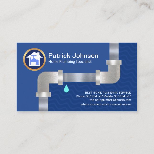 Silver Plumbing Pipe Blue Flood Waters Plumber Business Card (Front)