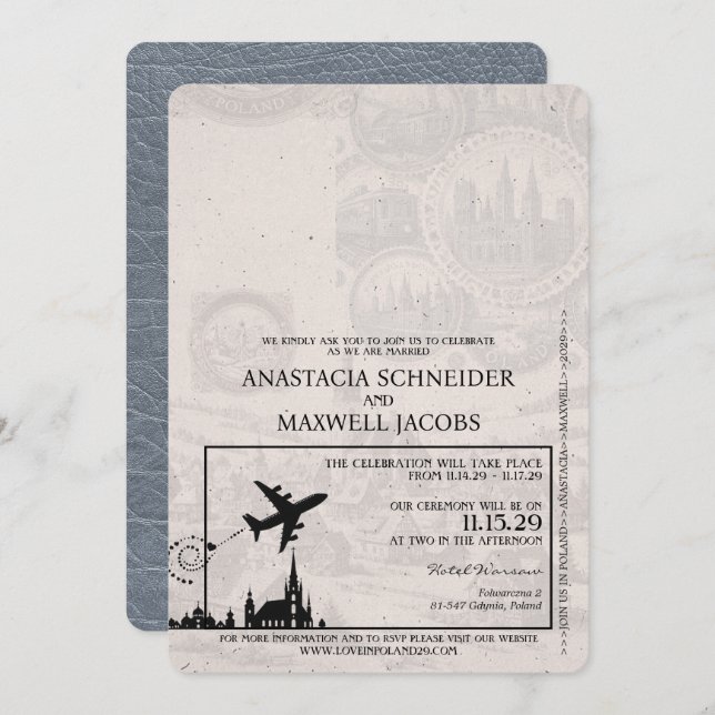 Silver Poland Passport Wedding Invitation (Front/Back)
