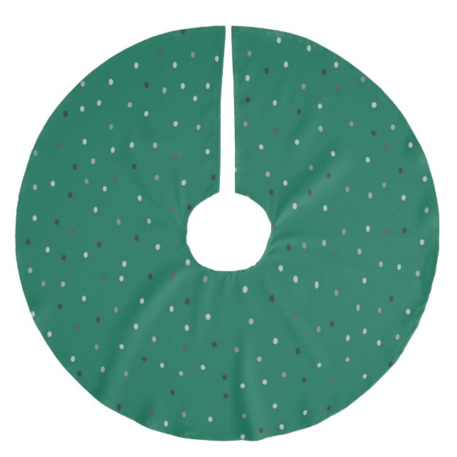 Silver Polka Dots on Green  Brushed Polyester Tree Skirt (Front)