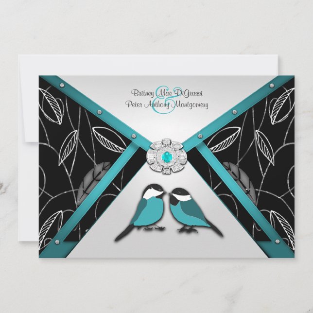 Silver & Pool Blue Love Birds Wedding Invitations (Front)
