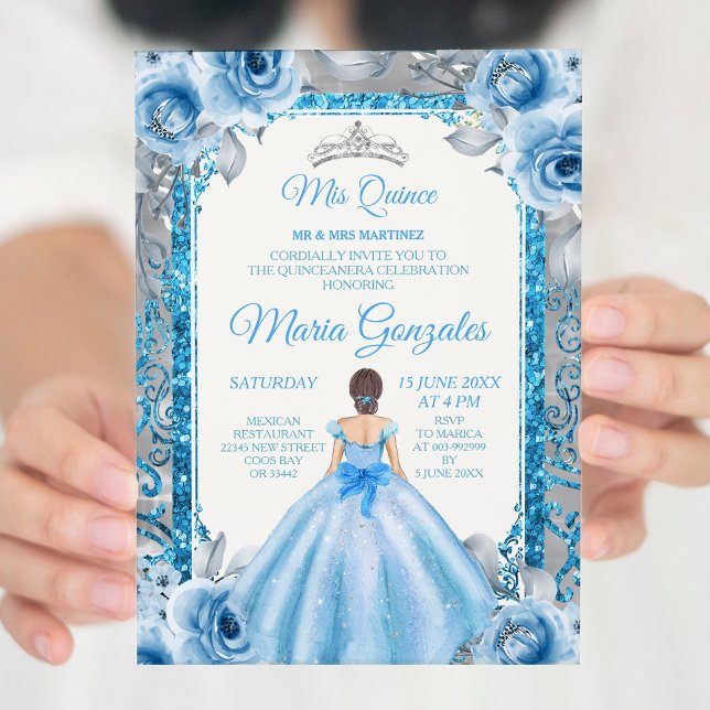 Silver Princess Blue Roses Quinceanera Invitation (Creator Uploaded)
