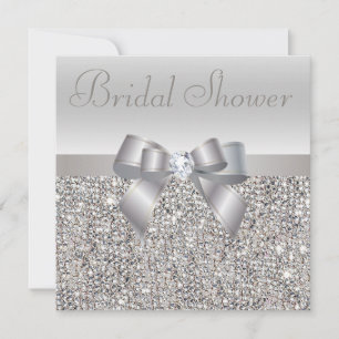 Silver Printed Sequins Bow & Diamond Bridal Shower Invitation