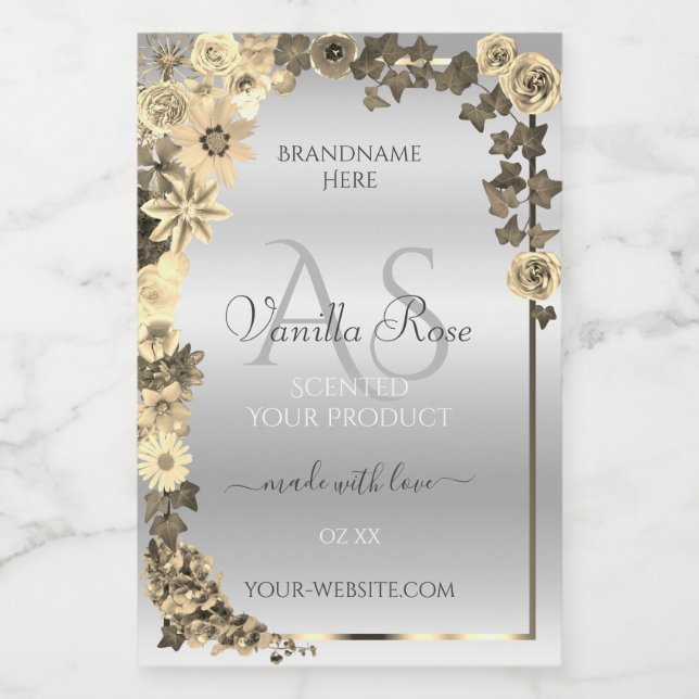 Silver Product Labels Cream Flowers with Monogram (Single Label)