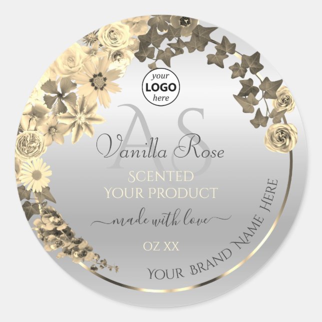Silver Product Labels Sepia Flowers Monogram Logo (Front)