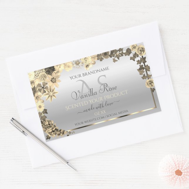 Silver Product Labels Sepia Flowers with Monogram (Envelope)