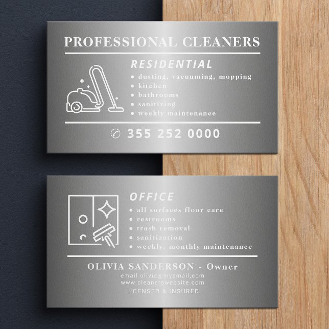 Silver professional cleaning modern business card (Creator Uploaded)