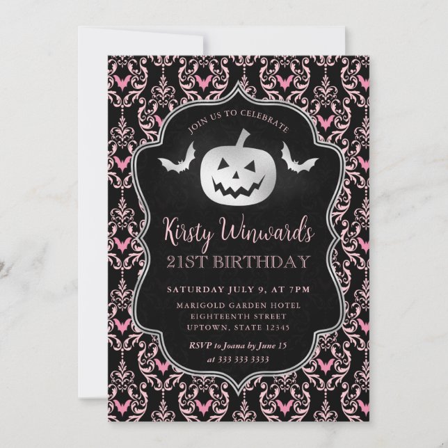 Silver Pumpkin and Pink Damask 21st Birthday Invitation (Front)