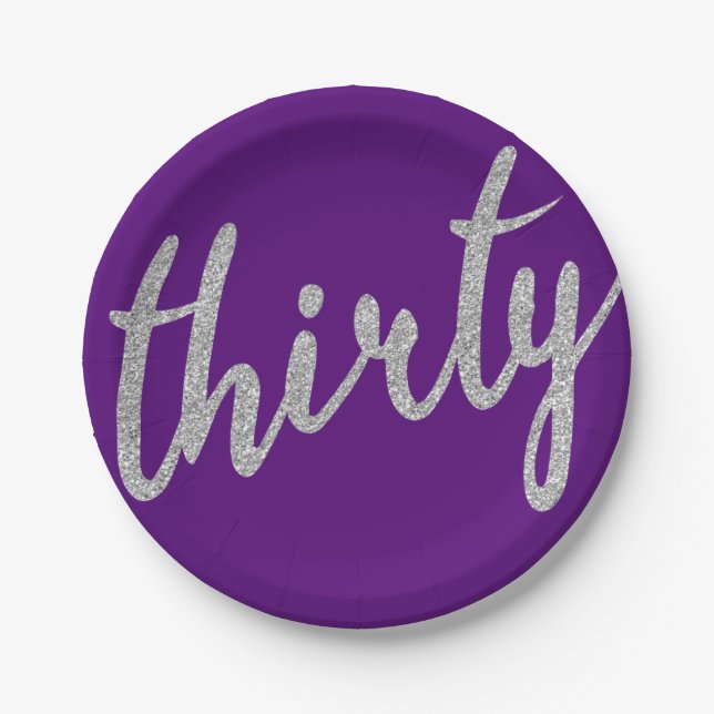 Silver Purple 30 Birthday Party Glitter "Thirty" Paper Plate (Front)