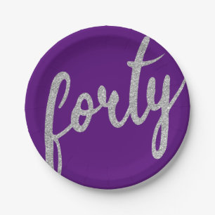 Silver Purple 40 Birthday Party Glitter "Forty" Paper Plate