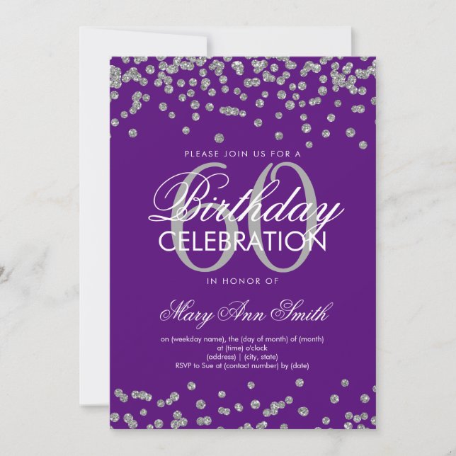Silver Purple 60th Birthday Party Glitter Confetti Invitation (Front)