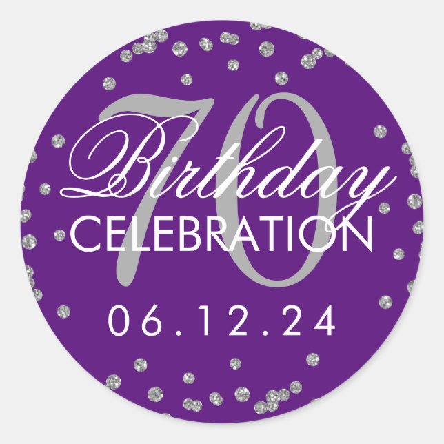 Silver Purple 70th Birthday Glitter Confetti Classic Round Sticker (Front)