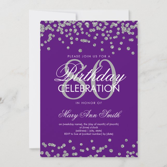 Silver Purple 80th Birthday Party Glitter Confetti Invitation (Front)