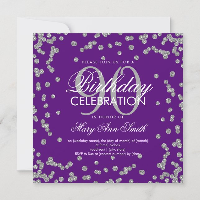 Silver Purple 90th Birthday Glitter Confetti Invitation (Front)