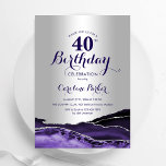 Silver Purple Agate 40th Birthday Invitation<br><div class="desc">Purple and silver agate 40th birthday party invitation. Elegant modern design featuring watercolor agate marble geode background,  faux glitter silver and typography script font. Trendy invite card perfect for a stylish women's bday celebration. Printed Zazzle invitations or instant download digital printable template.</div>