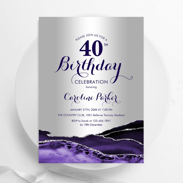Silver Purple Agate 40th Birthday Invitation (Creator Uploaded)
