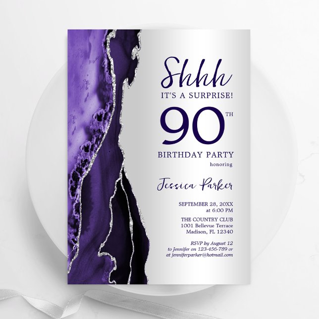 Silver Purple Agate Surprise 90th Birthday Invitation (Creator Uploaded)