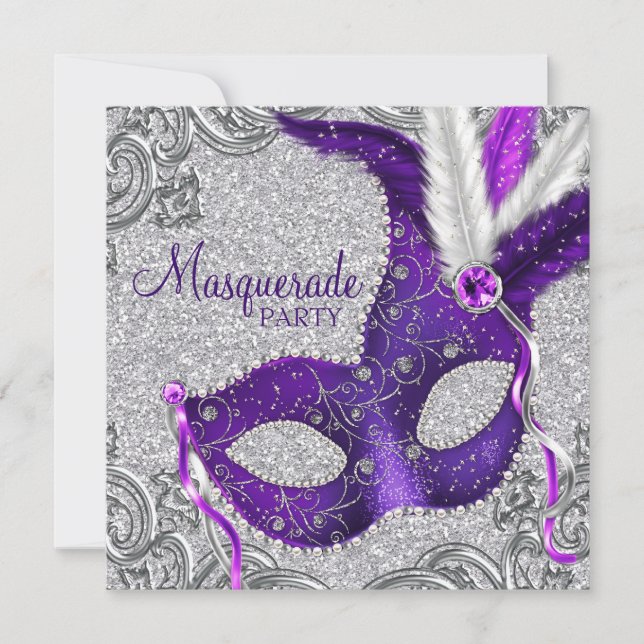 Silver Purple and Pink Masquerade Party Invitation (Front)