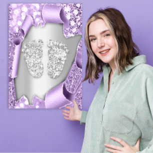 Silver Purple Baby Shower Feet Boy Girl 3d Effect Invitation