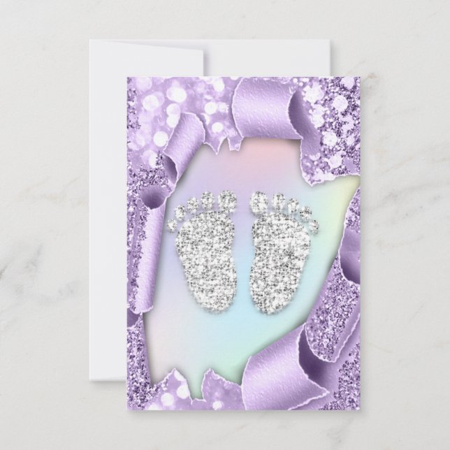 Silver Purple  Baby Shower Feet Boy Girl 3d Hologr Invitation (Back)