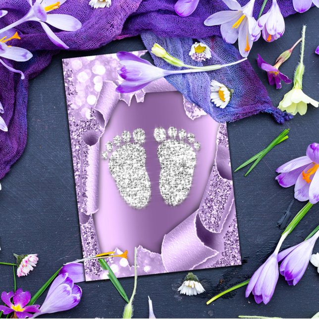 Silver Purple  Baby Shower Feet Boy Girl 3d Violet Invitation (Creator Uploaded)
