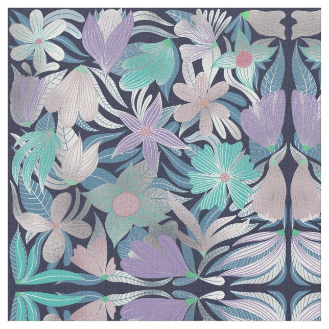 Silver Purple Blue Floral Leaves Illustrations Fabric (Close Up)