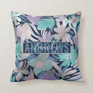 Silver Purple Blue Floral Leaves Monogram Cushion