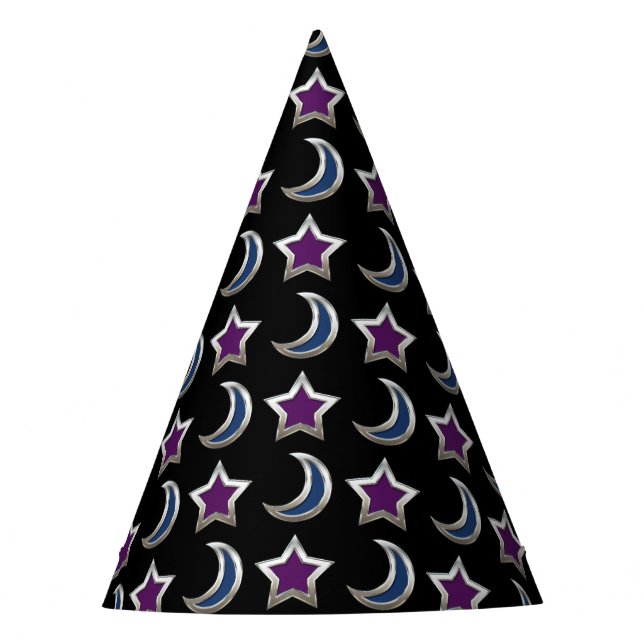Silver Purple Blue Stars and Moons Pattern Black Party Hat (Front)