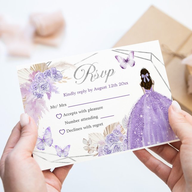 Silver Purple Boho Butterfly Quinceañera RSVP Card (Creator Uploaded)