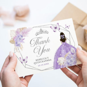 Silver Purple Boho Butterfly Quinceañera Thank You Card