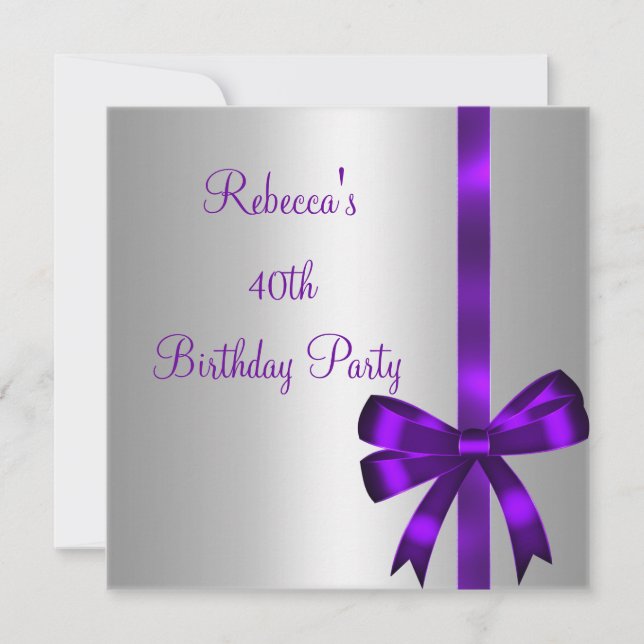Silver Purple Bow 40th Elegant Birthday Party Invitation (Front)
