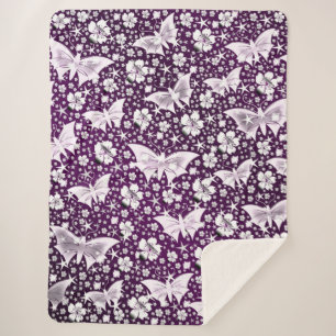 silver,purple,butterflies, flowers, floral, patter sherpa blanket