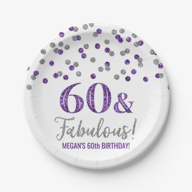 Silver Purple Confetti 60 and Fabulous  Paper Plate (Front)
