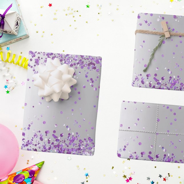 Silver purple confetti sparkle Christmas Xmas Wrapping Paper Sheet (Creator Uploaded)