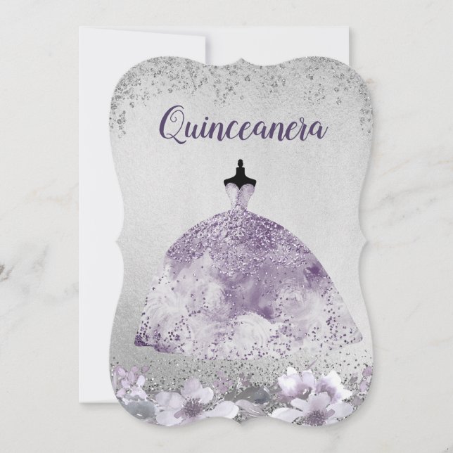 Silver Purple Dress Floral Quinceanera Invite (Front)