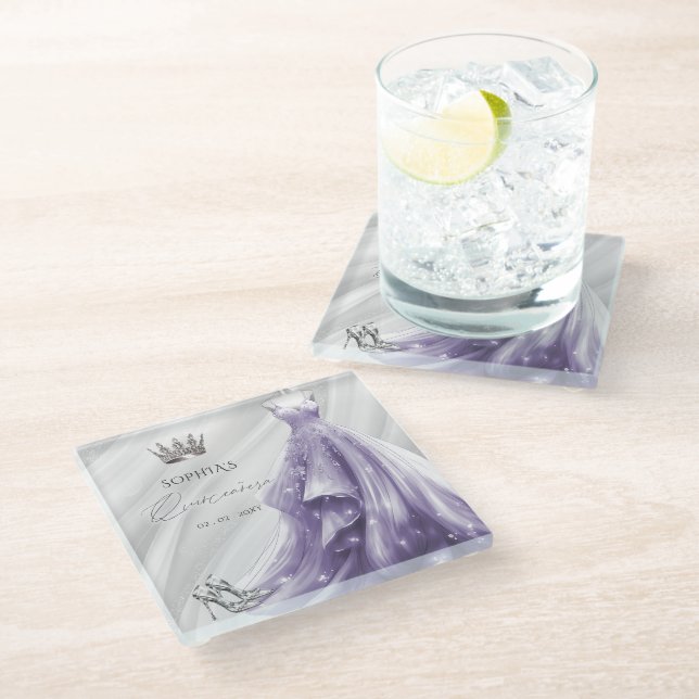 Silver Purple Dress Princess Quinceañera  Glass Coaster (Angled)