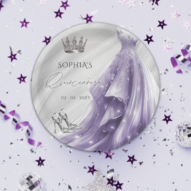Silver Purple Dress Princess Quinceañera  Paper Plate (Silver Purple Dress Princess Quinceañera Paper Plates)