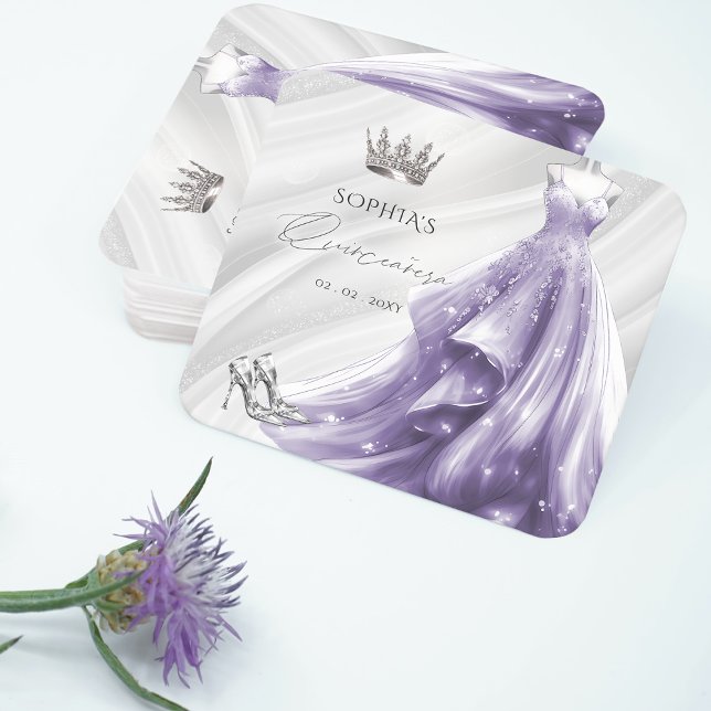 Silver Purple Dress Princess Quinceañera  Square Paper Coaster (Silver Purple Dress Princess Quinceañera Square Paper Coaster)