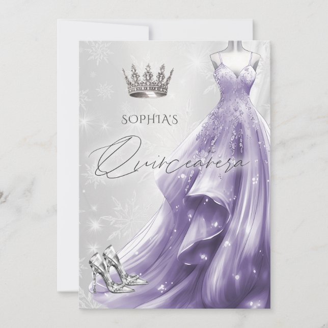 Silver Purple Dress Winter Snowflakes Quinceañera  Invitation (Front)