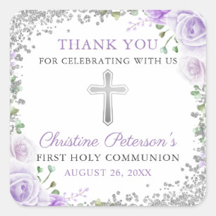 Silver Purple Floral 1st Holy Communion Thank You Square Sticker