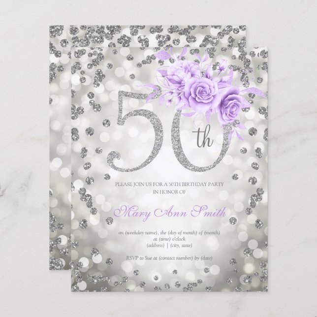 Silver Purple Floral 50th Birthday Lights Invite (Front/Back)