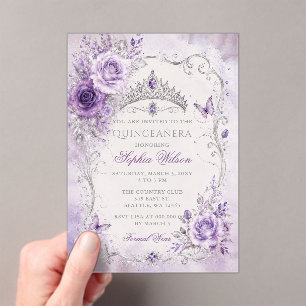 Silver Purple Floral Butterfly Quinceañera Acrylic Invitations