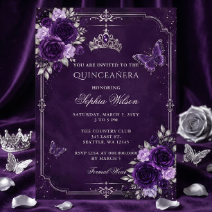 Silver Purple Floral Butterfly Quinceañera Photo Invitation
